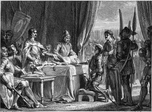 Charles Martel (688-741), frangien kuningas, jakaa kirkon tavarat sotilailleen, 718. Kaiverrus Jean Michel Moreau, dit Moreau le Jeune (1741-1814) tekijältä Jean Michel the Younger Moreau