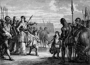 Charles Martel lähetettiin vankilaan, 714: Plectrude (n. 650-717), Pepin de Herstalin leski, lähetti nuoren Charles Martelin (688-741) vankilaan poistamaan hänet vallasta. Kaiverrus Jean Michel Moreau, dit Moreau le Jeune (1741-1814) tekijältä Jean Michel the Younger Moreau