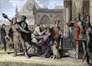 Dagobert 1st (602/605-638), frankkien kuningas, yrittää puolustaa Burgundin kuninkaallista auktoriteettia kuulemalla asukkaiden valituksia herroistaan. Kaiverrus Jean Michel Moreau, dit Moreau le Jeune (1741-1814) tekijältä Jean Michel the Younger Moreau