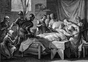 Kaarle II Kaljuun (823-877) kuolema ja perintö, 877: kuningas luovutti keisarinnalle keisarillisen kruunun, kultaisen valtikkansa, Pyhän Pietarin miekan ja testamentin, jolla hän määrää poikansa Ludvig Beguen perintöön. . Kaiverrus J tekijältä Jean Michel the Younger Moreau