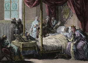 Frangien kuninkaan Dagobert I (602/605 - 638) kuolema vaimonsa, kuningatar Nantilden (n. 610-642) ja hänen poikansa, tulevan Clovis II:n (n. 635-657) läsnäollessa. Kaiverrus Jean Michel Moreau, dit Moreau le Jeune (1741-1814) tekijältä Jean Michel the Younger Moreau