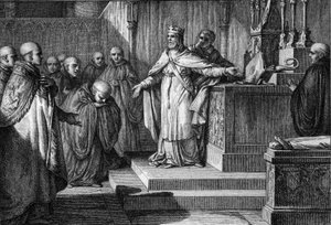 Hugues Capet (941-996) järjesti uudelleen kanoniset vaalit: frankkien kuningas antoi munkkien valita abbeensa asettamalla alttarille ristin ja hiiran. Kaiverrus Jean Michel Moreau, dit Moreau le Jeune (1741-1814) tekijältä Jean Michel the Younger Moreau