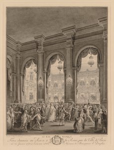 Naamiopallo annettiin Hôtel de Villessa 23. tammikuuta 1782. tekijältä Jean Michel the Younger Moreau