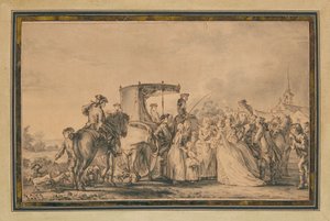 Marie Antoinette, joka poistuu vaunustaan ja korteensa ympäröimänä, lohduttaa talonpoikaa, 1773 tekijältä Jean Michel the Younger Moreau