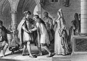 Filipp I (1052-1108), frangien kuningas, vierailee Anjoun kreivin Foulques le Rechinin (1042-1109) hovissa. Tämä matka on tekosyy järjestää hänen avioliittonsa Bertrade de Montfortin (noin 1070-1118), kreivin vaimon kanssa. 1095. Kaiverrus Jean Mich tekijältä Jean Michel the Younger Moreau