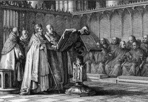 Robert II hurskas (970-1031), frankkien kuningas, laulamassa jumalanpalveluksessa puhujan edessä. Hän kantaa kruunuaan ja pitää valtikkaansa. Kaiverrus Jean Michel Moreau, dit Moreau le Jeune (1741-1814) tekijältä Jean Michel the Younger Moreau