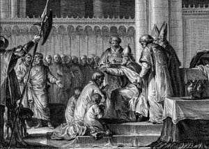 Pyhä Pepin Lyhyt (714-768), Saint Denisin basilika, 28. heinäkuuta 754: Paavi Stefanos II vihki hänet frankkien kuninkaaksi ja roomalaisten Patriceiksi (Patricius Romanorum). Hänen rinnallaan hänen kaksi poikaansa, Carloman ja Charles (tuleva Kaarle Suuri)