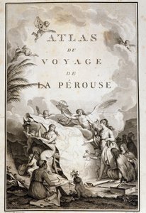 Nimisivu kappaleen "" Atlas du voyage de La Perouse "" (Jean-Francois Galaup, Comte de La Perouse (Jean Francois Laperouse) tekijältä Jean Michel the Younger Moreau