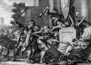 Sota sakseja vastaan, 772: Kaarle Suuren armeija tuhosi Irmensulin, saksien paialaisen jumalan, temppelin ja epäjumalan. Eresburg, Saksa. Kaiverrus Jean Michel Moreau, dit Moreau le Jeune (1741-1814) tekijältä Jean Michel the Younger Moreau