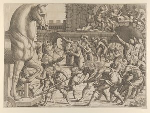 Troijalaiset tuovat puisen hevosen kaupunkiinsa, 1535-55. tekijältä Jean Mignon