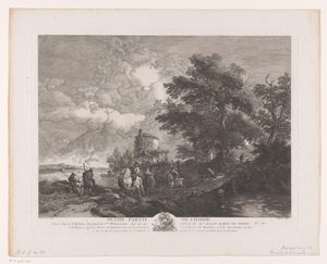 Metsästysryhmä maisemassa sillan kanssa Petite Partie de Chasse (otsikko esineessä) Tulosteet Philips Wouwermanin maalausten jälkeen (sarjan nimi) Oeuvres de Ph.pe Wouwermans Hollandois (sarjan nimi) tekijältä Jean Moyreau