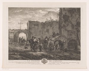 Munkit jakavat ruokaa pyhiinvaeltajille pihalla La Charité des Capucins (otsikko esineessä) Tulosteet Philips Wouwermanin maalausten jälkeen (sarjan nimi) Oeuvres de Ph.pe Wouwermans Hollandois (sarjan nimi)