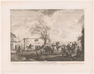 Sormuskyltti kylän majatalossa Cours de la bague (otsikko esineessä) Tulosteet Philips Wouwermanin maalausten jälkeen (sarjan nimi) Oeuvres de Ph.pe Wouwermans Hollandois (sarjan nimi) tekijältä Jean Moyreau