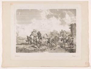 Lepäävät metsästysseurat suihkulähteen äärellä La Fontaine de Venus Tulosteet Philips Wouwermanin maalausten jälkeen (sarjan nimi) Oeuvres de Ph.pe Wouwermans Hollandois (sarjan nimi)