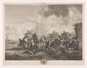Lepäävät metsästysseurat suihkulähteen äärellä La Fontaine de Venus Printtejä Philips Wouwermanin maalausten jälkeen (sarjan nimi) Oeuvres de Ph.pe Wouwermans Hollandois (sarjan nimi) tekijältä Jean Moyreau