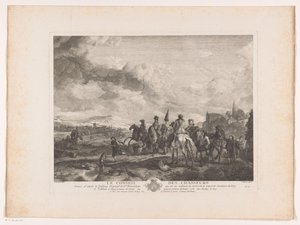 Lepäävät metsästysseurat maisemassa Le Conseil des Chasseurs (otsikko esineessä) Printtejä Philips Wouwermanin maalausten jälkeen (sarjan nimi) Oeuvres de Ph.pe Wouwermans Hollandois (sarjan nimi)