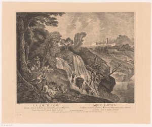 Rustende-hahmo bij een watervalissa Vesiputous - Aquae Lapsus (otsikko esineessä) Antoine Watteaun teos (sarjan nimi) Antoine Watteaun teos, kuninkaan maalari hänen Royal Academy of Painting and Sculpture -akatemiassa (...) (sarjan nimi) tekijältä Jean Moyreau