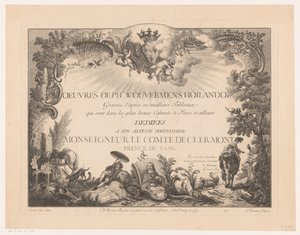 Otsikkoprintti hahmoilla ja eläimillä maisemassa sekä Philips Wouwermanin muotokuva Printtejä Philips Wouwermanin maalausten jälkeen (sarjan nimi) Oeuvres de Ph.pe Wouwermans Hollandois (sarjan nimi esineellä)