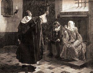 Suuri espanjalainen inkvisiittori, Fray Tomas de Torquemada (1420-1498), katolisten kuninkaiden Ferdinand II Aragonian ja Isabella Kastilialainen joukossa
