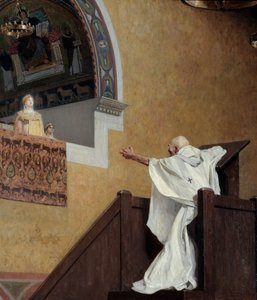 Pyhä Johannes Chrysostom (349-407) ja Imperatrix Eudoxia (? 404). Patriarkka syyttää läntistä vaikutelmaa Eudoxiaa (Eudoxia Aelia) ja syyttää häntä ylellisyydestä ja loiston rakkaudesta. Yksityiskohta. Jean Paul Laurensin (1838-1921) maalaus tekijältä Jean Paul Laurens