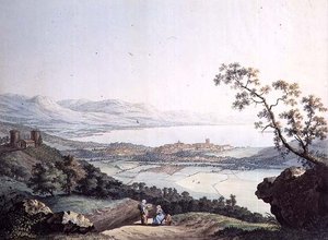 Geneven näkymä Saconexista Savoyssa, kaiverrus Jean Philippe Linck II (1770-1812) ja Jacob Philippe Hackert (1737-1807) (kaiverrus) tekijältä Jean Philippe II (after) Linck