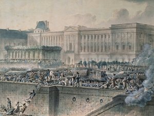 Ludvig XVI:n (1754-93) saapuminen Louvren edustalle, 17. heinäkuuta 1789 (wc ja guassi paperilla)