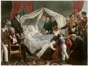 Napoleonin kuolema, 5.5.1821 Sainte Helenessä Jean Pierre Marie Jazetin (1788-1871) litografia Charles Auguste Steubenin (1788-1856) Malmaisonin maalauksen jälkeen. Linnan museo