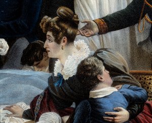 Napoleonin kuolema, 5.5.1821 Saint Helenedetailissa edustaen Fanny Bertrandia, Henri Gatien Bertrandin (1773-1844) vaimoa. Jean Pierre Marie Jazetin (1788-1871) litografia Charles Auguste Steubenin (1788-1856) Malmaisonin maalauksesta. Chateau