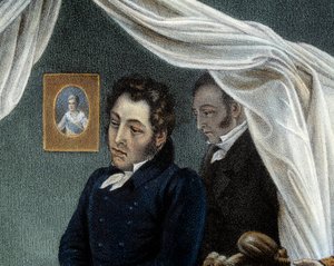 Napoleonin kuolema, 5.5.1821 Sainte Helenessa Yksityiskohta, joka edustaa Louis Etienne Saint Denistä, joka tunnetaan nimellä "Mameluck Ali" (1788-1856). Jean Pierre Marie Jazetin (1788-1871) litografia Charles Auguste Steubenin (1788-1856) Malmaison maala