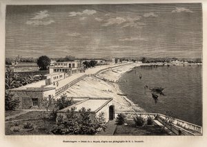 Chandernagor (nykyinen Chandannagar, Länsi-Bengalissa), Gangesin rannalla, kaiverrus J. Moynetin piirustuksen mukaan, havainnollistaa rajahien matkaa Intiassa vuosina 1864-1868, Louis Rousselet, julkaistu "" Le tour du monde”” 1874, toimitettu