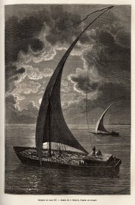 Les barques du haut Nile, alennettu miehistö ja matkustajat nukkuvat kannella kuunvalossa, kaiverrus J. Moynet