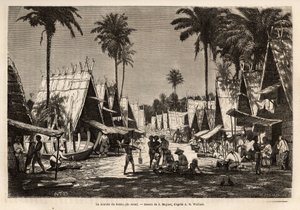 Aroun saarella sijaitsevan satamakeskuksen Dobbon marssi, monien kauppiaiden ja laivanrakennusalan animaatio, kaiverrettu Alfred Russell Wallacen (1823-1913) J.Moynetin piirustuksen mukaan, joka havainnollistaa matkaa Malesian saaristoon vuosina 1854-1862.