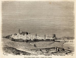 Näkymä Bakusta (Venäjä, Azerbaidžan), Mr. Moynetin piirustus havainnollistamaan matkaa Kaspianmeren rannikolle lokakuussa 1858, Mr. Moynet. Kaiverrus "" Le tour du monde, nouveau journal des voyages"" Paris