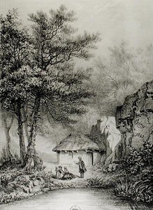 Jean-Jacques Rousseaus (1712-78) -mökki Ermenonvillessä, 1842 tekijältä Jean Pierre after Thenot