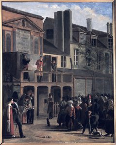 La Parade de Bobèche et Galimafre, Jean Rollerin maalaus, joka edustaa yleisöä katsomassa katuesitystä. 1800-luvun öljymaalaus. tekijältä Jean Roller