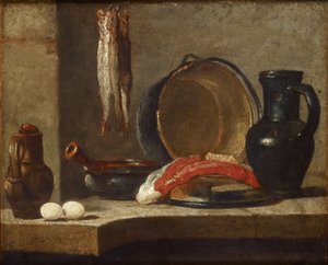 Keittiövälineiden asetelma, c1733-1734 tekijältä Jean Baptiste Simeon Chardin