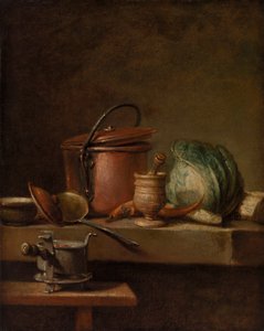 Asetelma kuparisen kattilan, kaalin, survin ja liesi kanssa tekijältä Jean Baptiste Simeon Chardin
