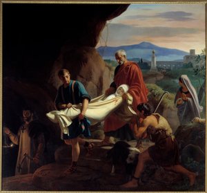 Nuoren kristityn naisen hautajaiset katakombeissa Roomassa vainon aikana. Victor Schnetzin (1787-1870) maalaus