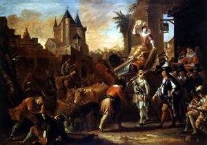 Koomikkojen saapuminen Le Mansin maalaukseen, joka havainnollistaa Paul Scarronin (1610-1660) "The Comic Roman" -kuvaa. Jean-Baptiste (Jean Baptiste) Coulomin (tai Coulonin) maalaus (n. 1695-1735)