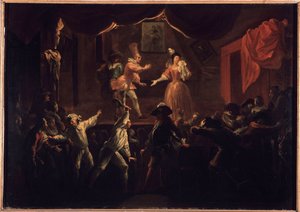 Tämän kappaleen valitettava menestys. Yksi kämmenpelaajista, jonka vaatteet olivat derobe, antaa ison mailan La Rapinierelle. Paul Scarronin (1610-1660) "The Comic Roman" -maalaus. Öljy kankaalle, kirjoittanut Jean-Baptiste (Jean Baptiste) Coulom (tai Co