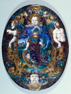 Jean Court dit Vigier (1500-luvulla) (maalari enamailleur LIMOGESissa) luoma maalattu Minervea edustava maisema taustalla Pariisi, Louvre-museo tekijältä Jean de Court