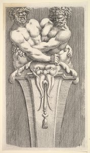 Suunnittelu termille, jossa on kaksi bakkifiguuria, julkaisu: Curieuses Recherches de Many Beaus..., 1645. tekijältä Jean le Pautre