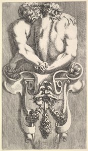 Suunnitelma termille, jossa on kaksi syleilevää satyyriä, lähde: Curieuses Recherches de Many Beaus..., 1645. tekijältä Jean le Pautre
