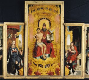 Pyhän kolminaisuuden kirkastamisen polyyptyykki, keskipaneeli, joka kuvaa kolminaisuutta, neitsyttä ja Pyhää Johannes Kastajaa, n. 1509-16 tekijältä Jean the Elder Bellegambe