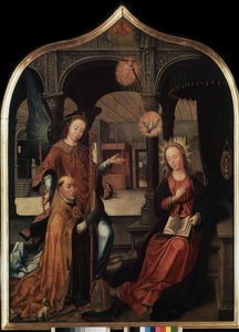""kuvaus julistuksesta Brysselin suojeluspyhimyksen Guillaumen kanssa"" Julistuksen triptyykin keskipaneeli (The Annunciation). Jean Bellegambe vanhemman (1470-1534) maalaus puulle Pietari, Eremitaaši tekijältä Jean the Elder Bellegambe