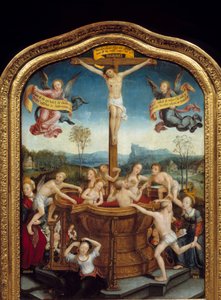 Mystinen kylpy. Ristin juurella, jolle Kristus ristiinnaulitaan, miehet ja naiset kylpevät Messiaan ruumiin veren lähteessä. Triptyykin keskiosa. Jean Bellegambe vanhemman (1470-1535) maalaus puulle 1510-1520 su. 0,81x0 tekijältä Jean the Elder Bellegambe