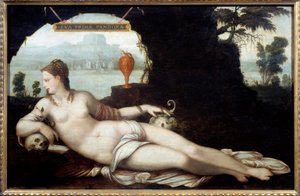 Eva Prima pandora -esitys naisesta, joka risteää Eevan ja Pandoran ominaisuudet, jotka kaikki tuovat kaiken pahan maan päälle. Jean Cousinin maalaus (vanite) nimeltä Isä (1490-1560) 1500-luvulla. Himmeä. 0,97x1,5 m.