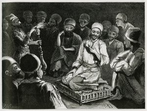 Persialainen tarinankertoja ympäröi yleisönsä. Matkustaja-kirjailijan kaiverrus havainnollistamaan tarinaa "" Persia, Kaldea ja Susiane"" tekijältä Jeanne Dieulafoy