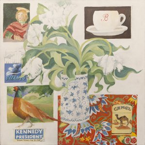 Ephemera, mm. kahvikuppi, savukepakkaukset, postikortti ja tulppaanit. tekijältä Jennifer Abbott