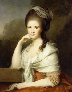 Naisen muotokuva, istuu puolipitkänä, yllään ruskea mekko ja valkoinen huivi, 1778 tekijältä Jens Juel